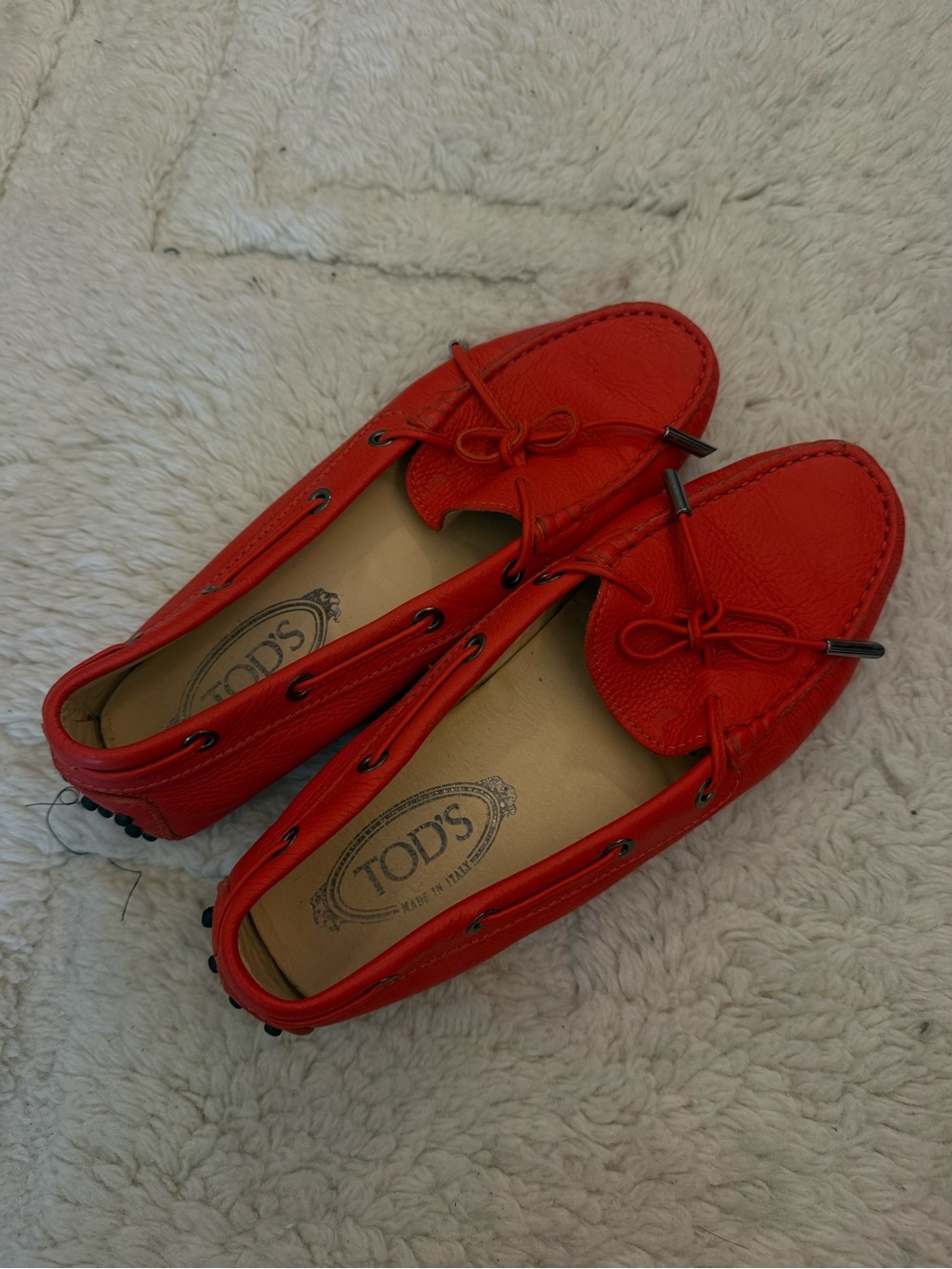 Tod's Bright Red Pebbled Leather Driving Loafers